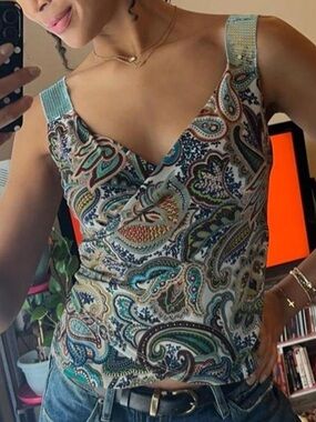 vintage y2k sequin strap paisley tank top, teal, brown, tan design, gold accents